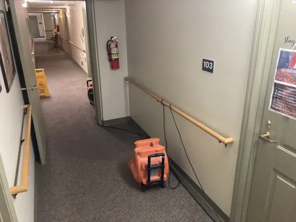 Air mover drying the carpet in an apartment building corridor